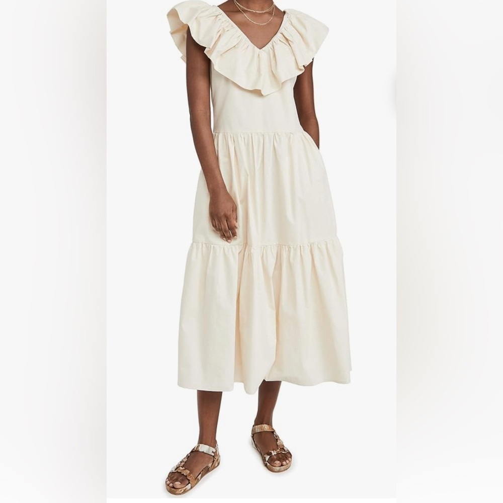 English Factory Ivory Ruffle Collar Tiered Midi Dress Pockets Side Zip NWT Small - Picture 3 of 9